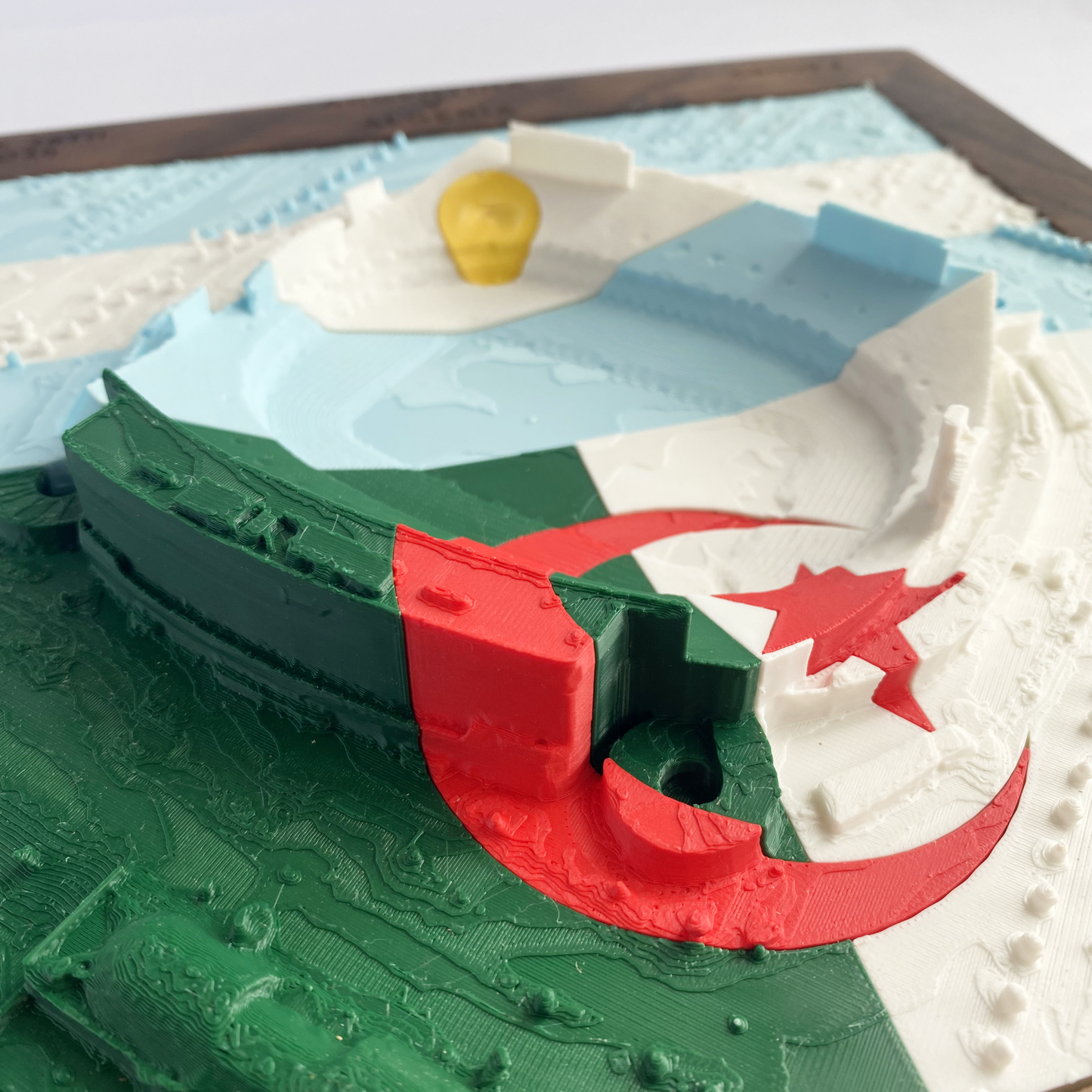 3D printed model of Arrowhead Stadium imprinted with Argentina's flag on the top half and Algeria's flag on the bottom half - encased in a solid wooden frame engraved with the text "June 26th 2026; Argentina v Algeria; Group J, Kansas City Stadium, Kansas City, MO, and coordinates"
