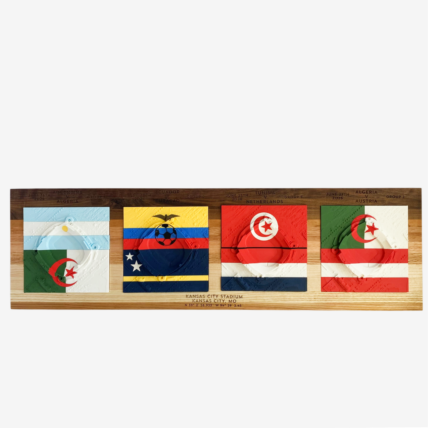 Wooden plaque with four flags of different countries on a white background