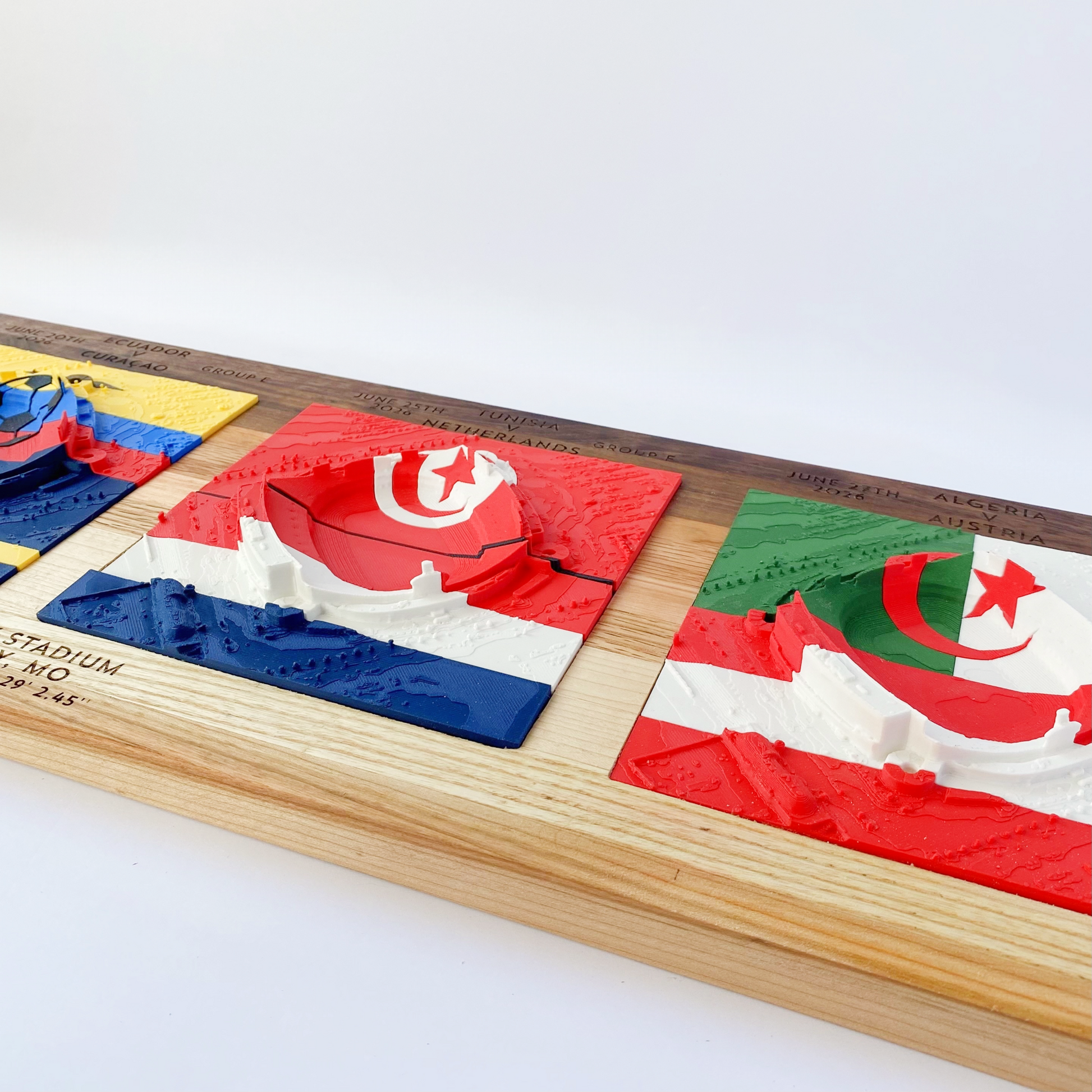Wooden puzzle with cut-out shapes of flags on a white background