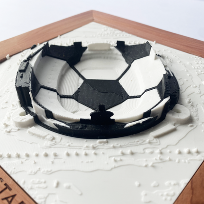 Framed 3D rendering of Arrowhead Stadium with round black and white soccer ball inlay 